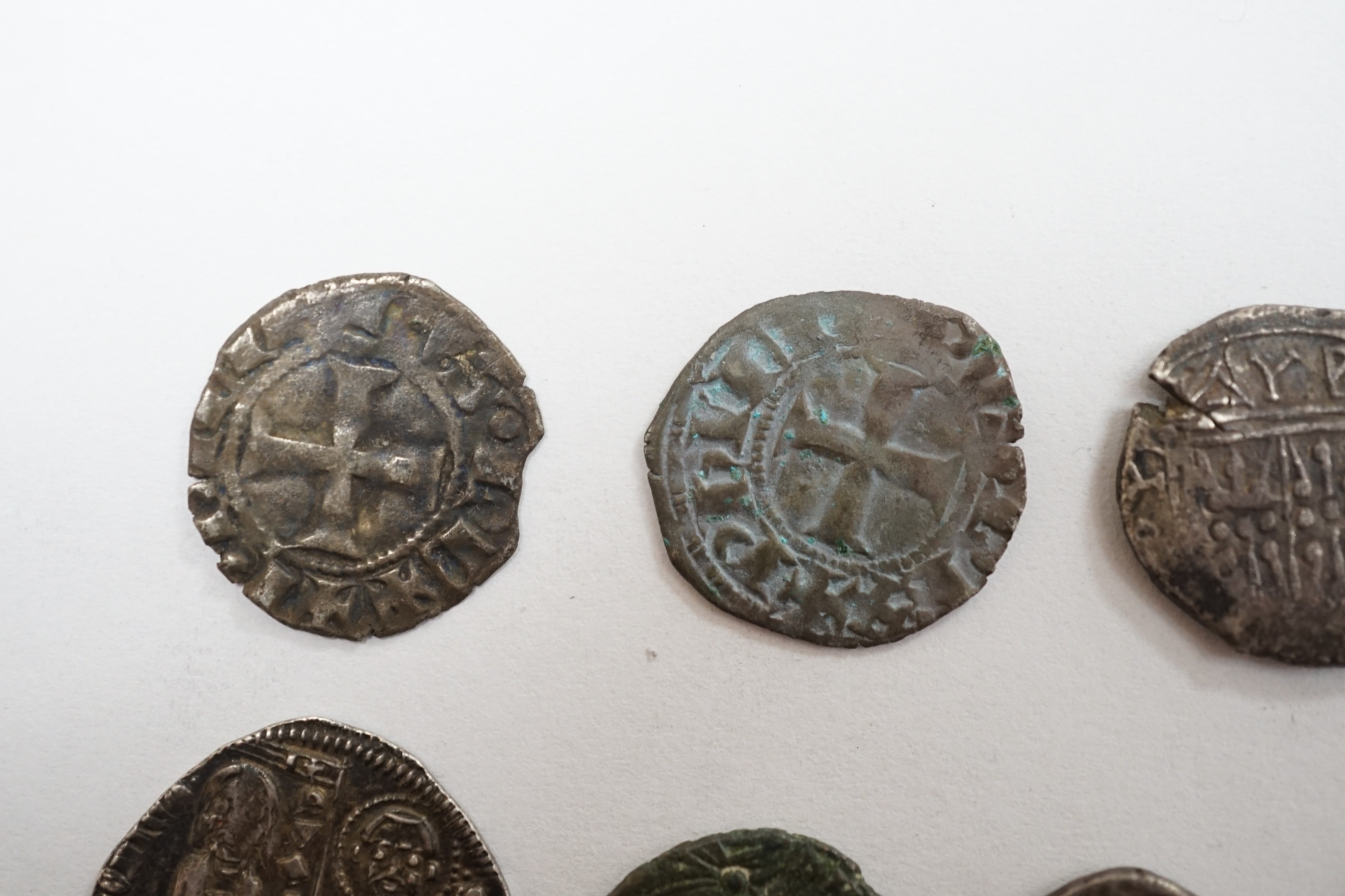 Greek, Celtic and European medieval coinage to include an AR drachm, Illyria, an Iceni Antedios Anted silver unit, a Venetian AR grosso, two deniers tournois, a Charles the Bold 2 Stuivers and a fragment of a lead crucif